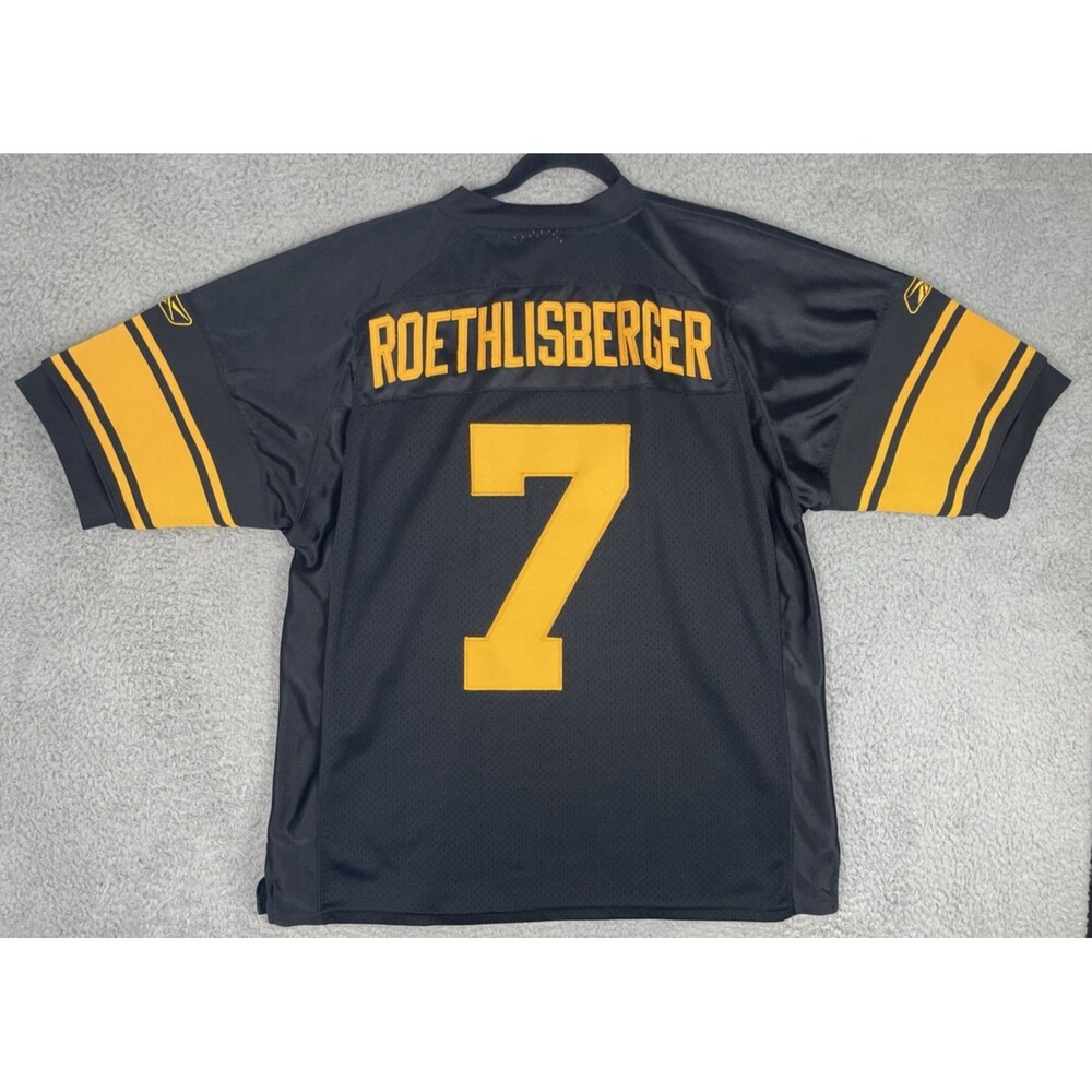 Reebok Authentic Jersey Ben Roethlisberger #7 Steelers Mens 50 Black Color Rush - Picture 1 of 10